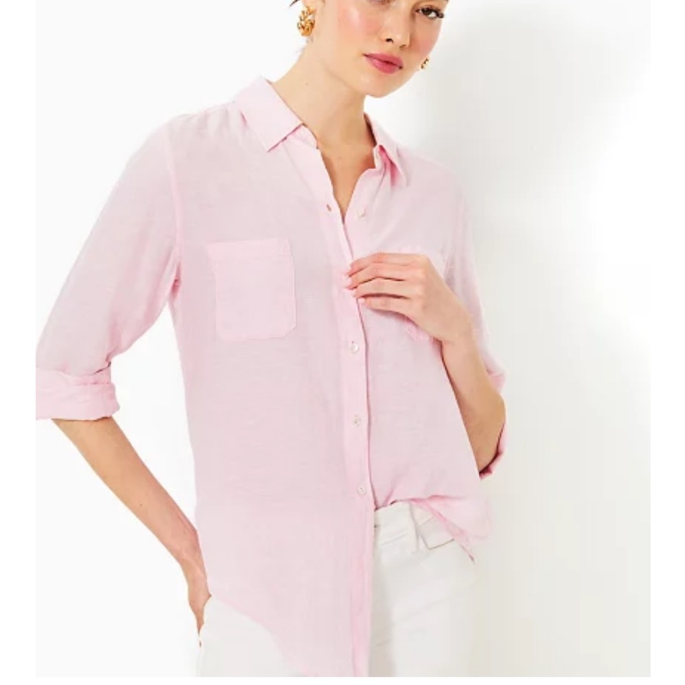 💕Lilly P💕 NWT Sea View Linen Button Down. Size L. Pink Urchin.